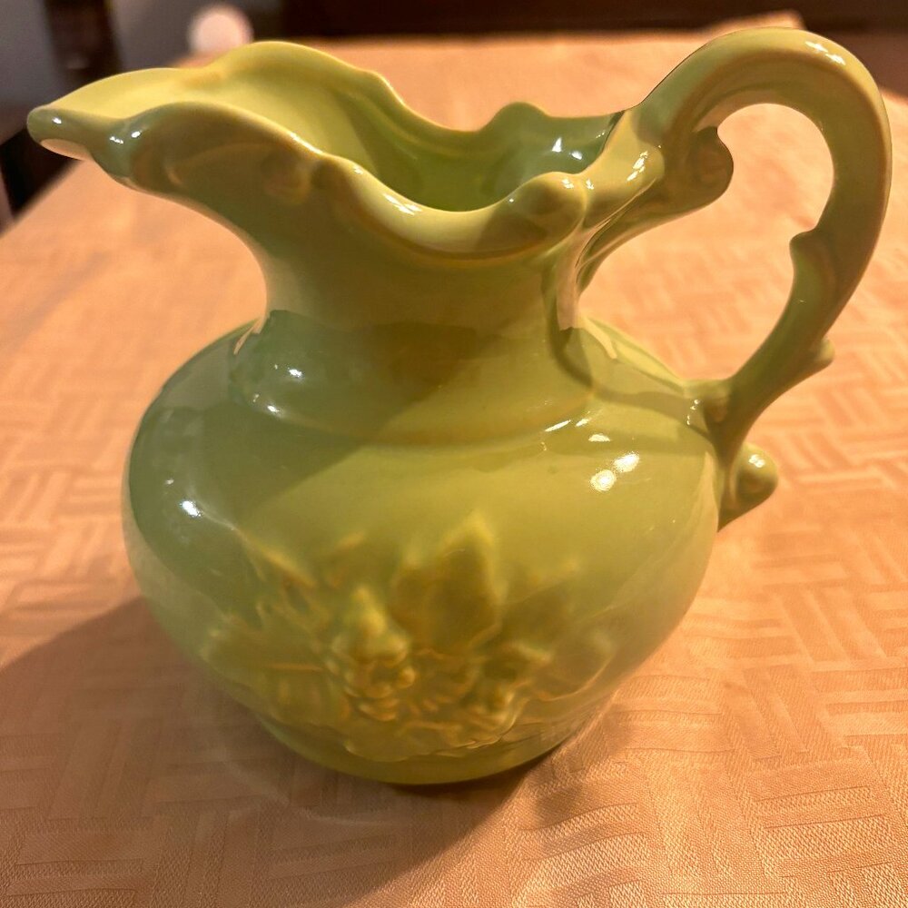 Vintage McCOY Lime Green Small Pitcher ~ Grape Leaf Design USA. 5.5" Tall. MINT